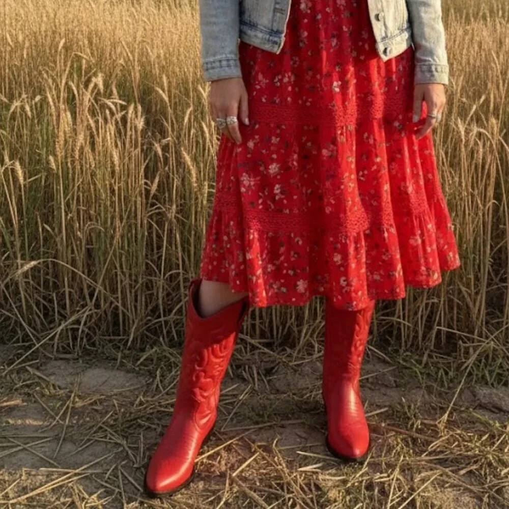 Red Western Cowboy Boots Embroidered Stitch Pointed Toe Mid-Calf